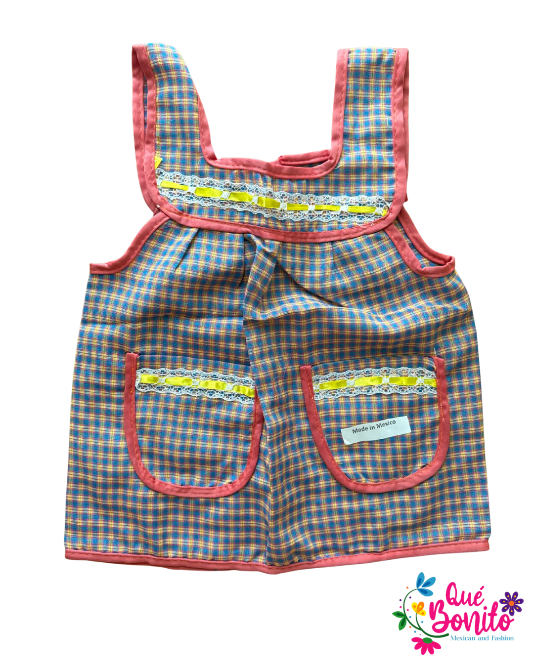 Size 4T Apron with Two Pockets, Ribbons and Lace Accents
