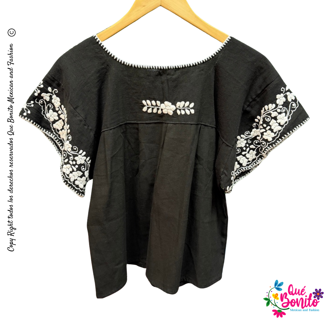 Puebla Black and White Hand Embroidered Blouse Que Bonito Mexican and Fashion