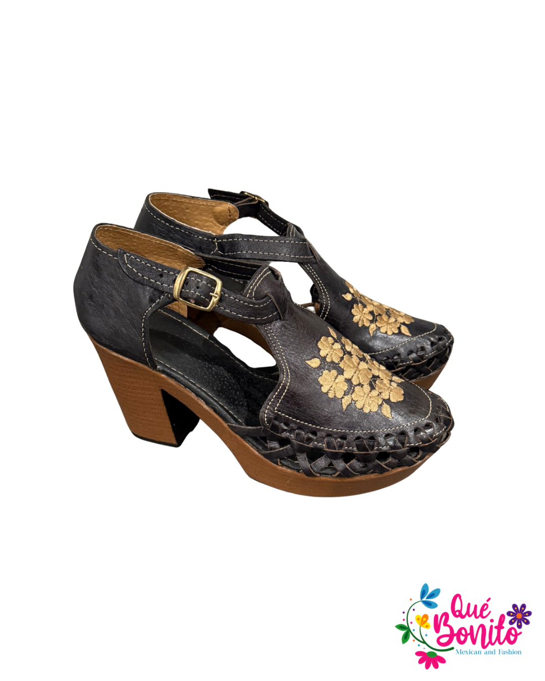 Black Heel 5” Beige Embroidered