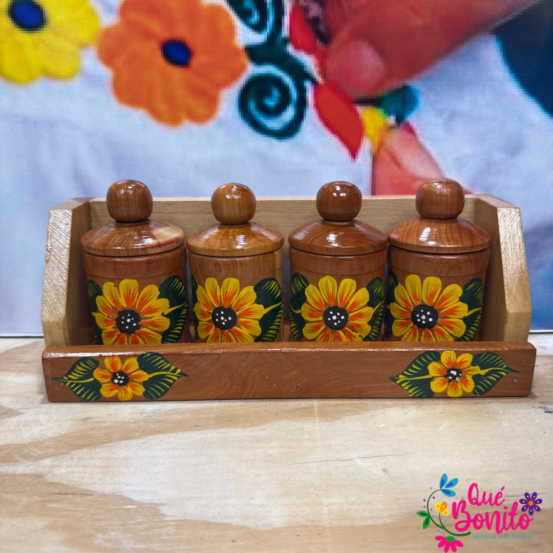 Four Wood Container for Spices with Lid Includes Wood Holder