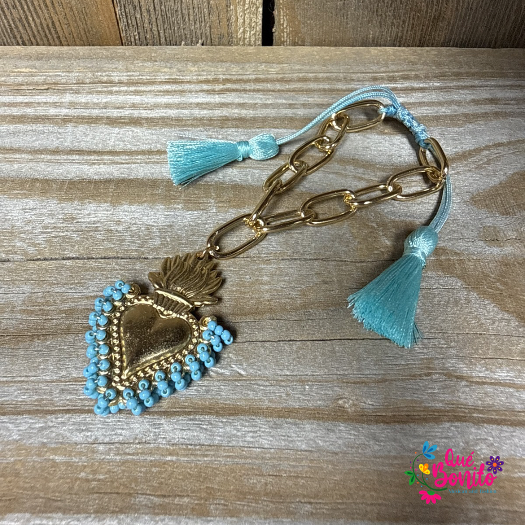 Heart Bracelet with Beads and Stainless Steel Chain Hand Crafted Adjustable