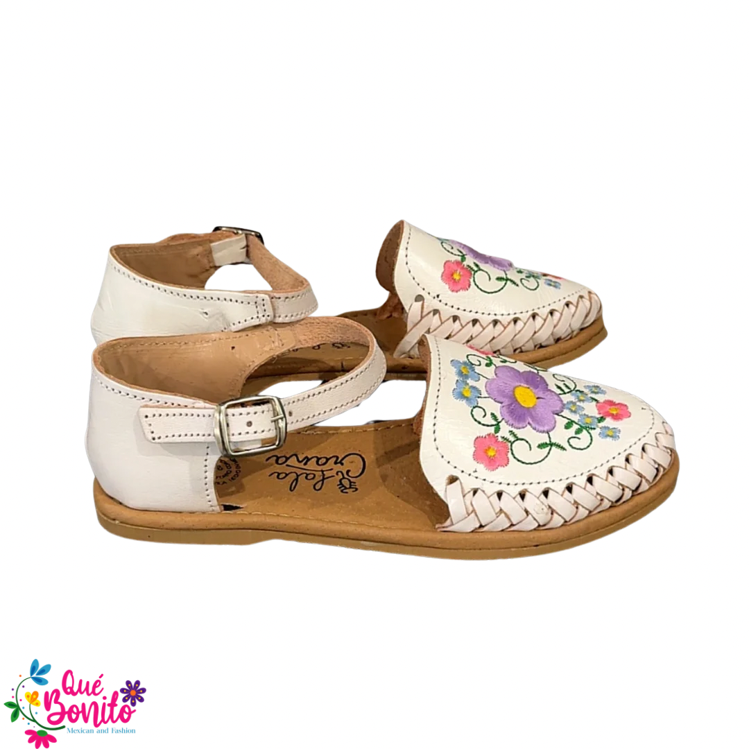 Floral White Embroidered Leather Huarache with Buckle