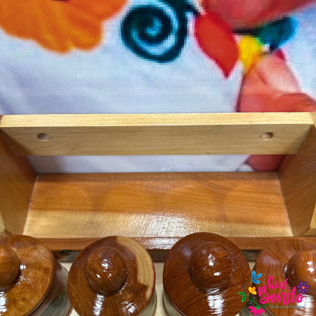 Four Wood Container for Spices with Lid Includes Wood Holder