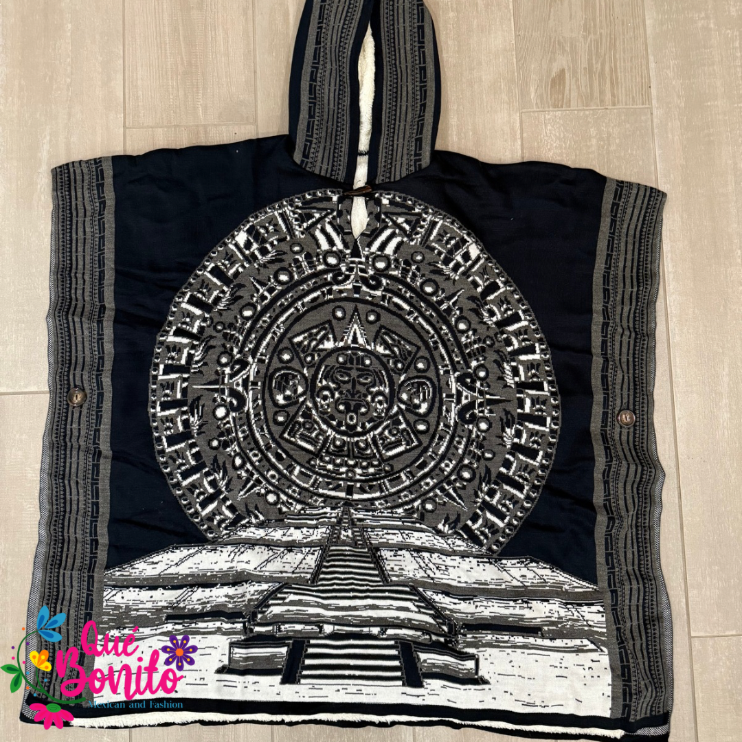Aztec calendar Poncho Fleeced Unisex Onesize