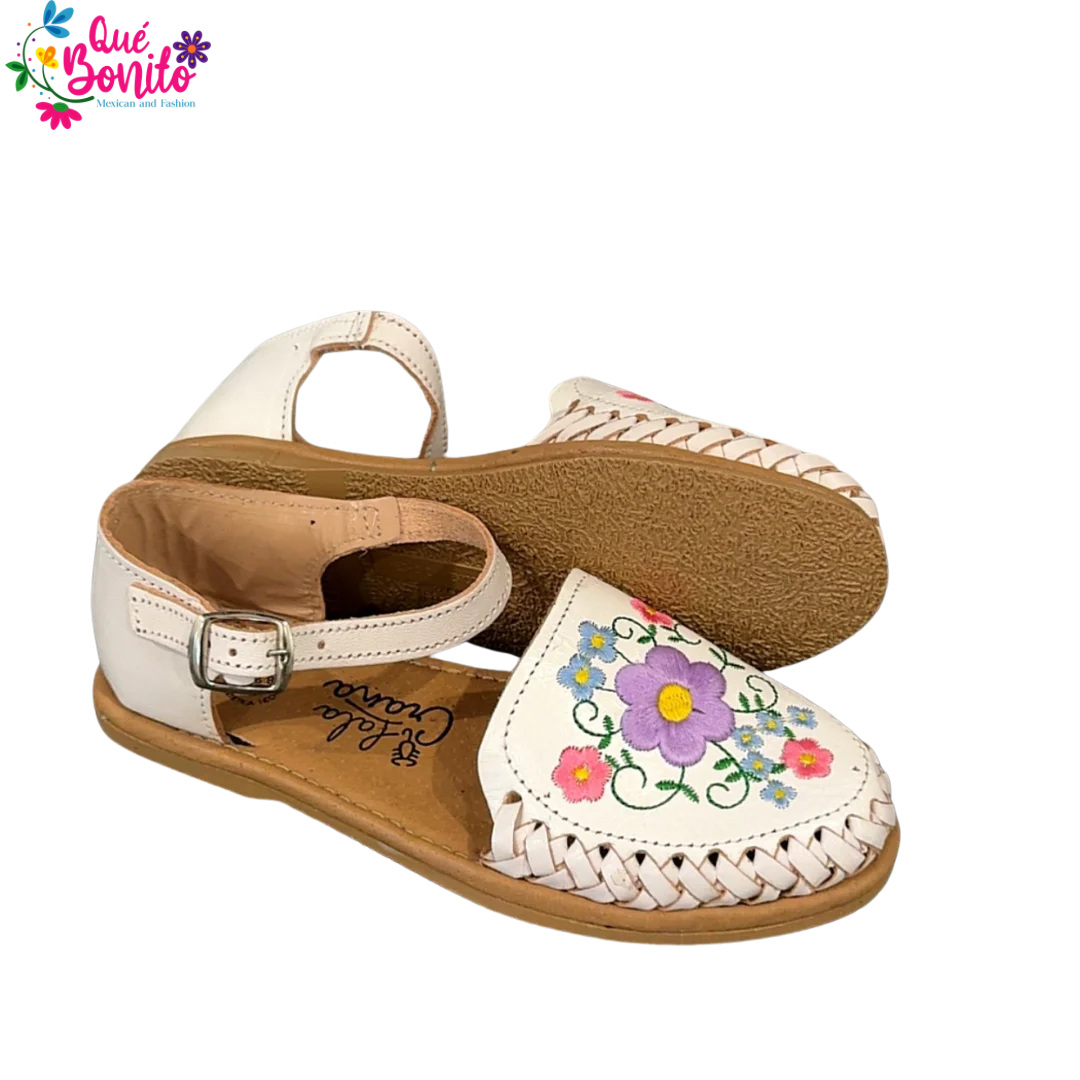 Floral White Embroidered Leather Huarache with Buckle