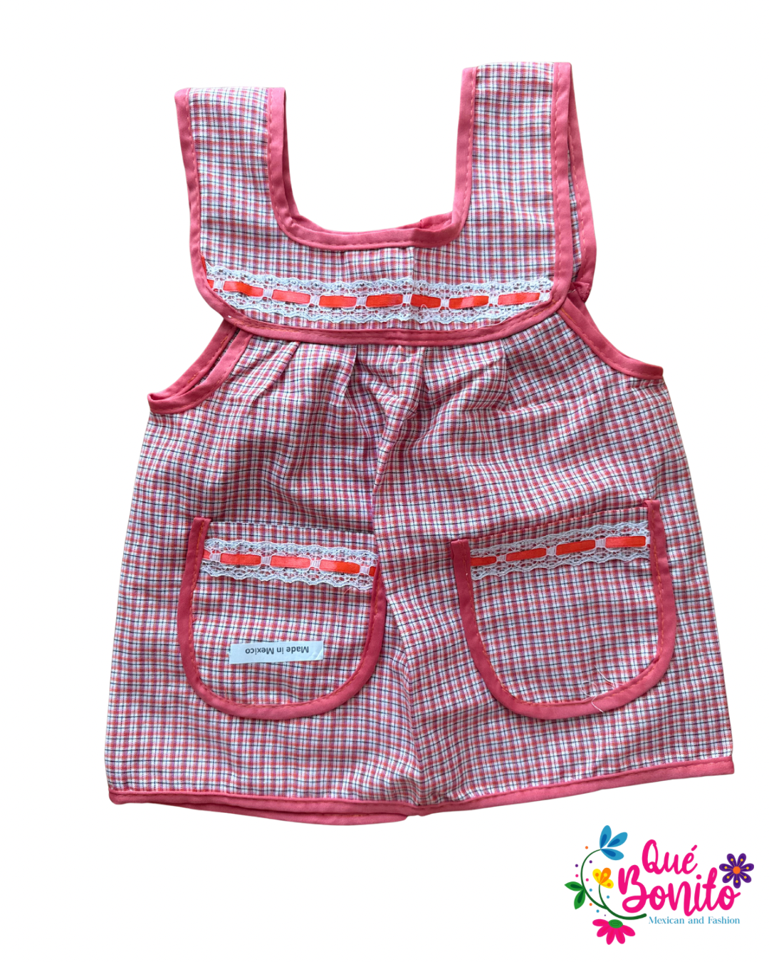 Size 4T Apron with Two Pockets, Ribbons and Lace Accents