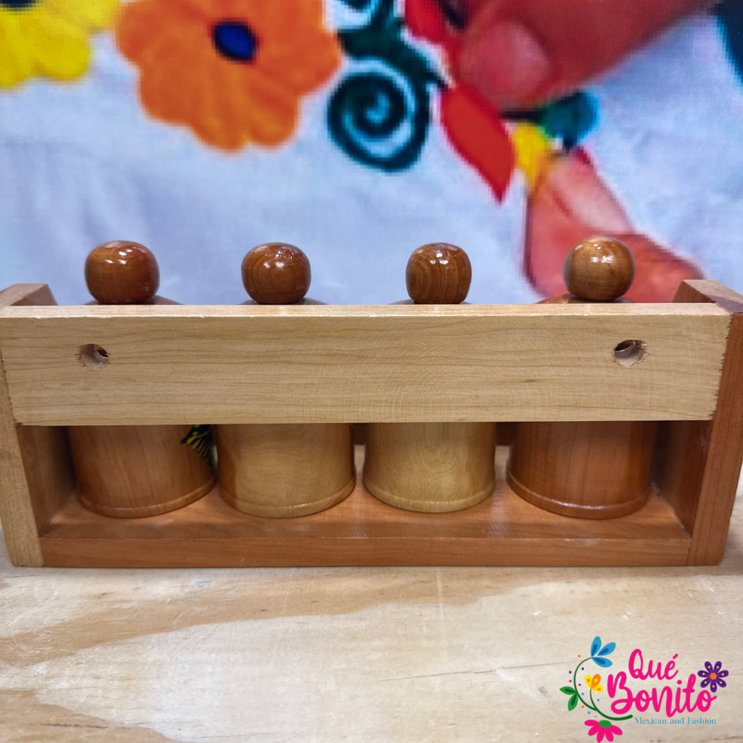 Four Wood Container for Spices with Lid Includes Wood Holder
