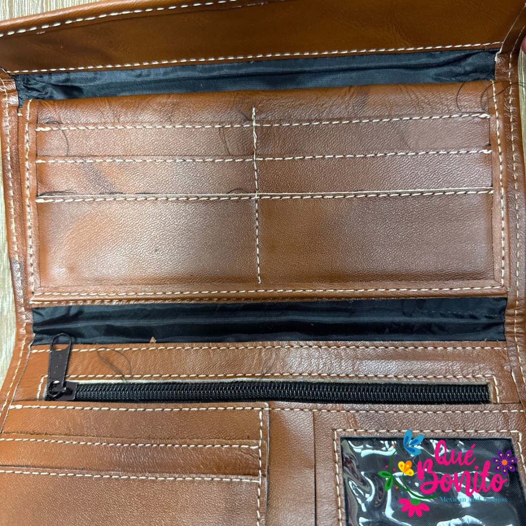 Leather Wallet Embroidered Que Bonito Mexican and Fashion