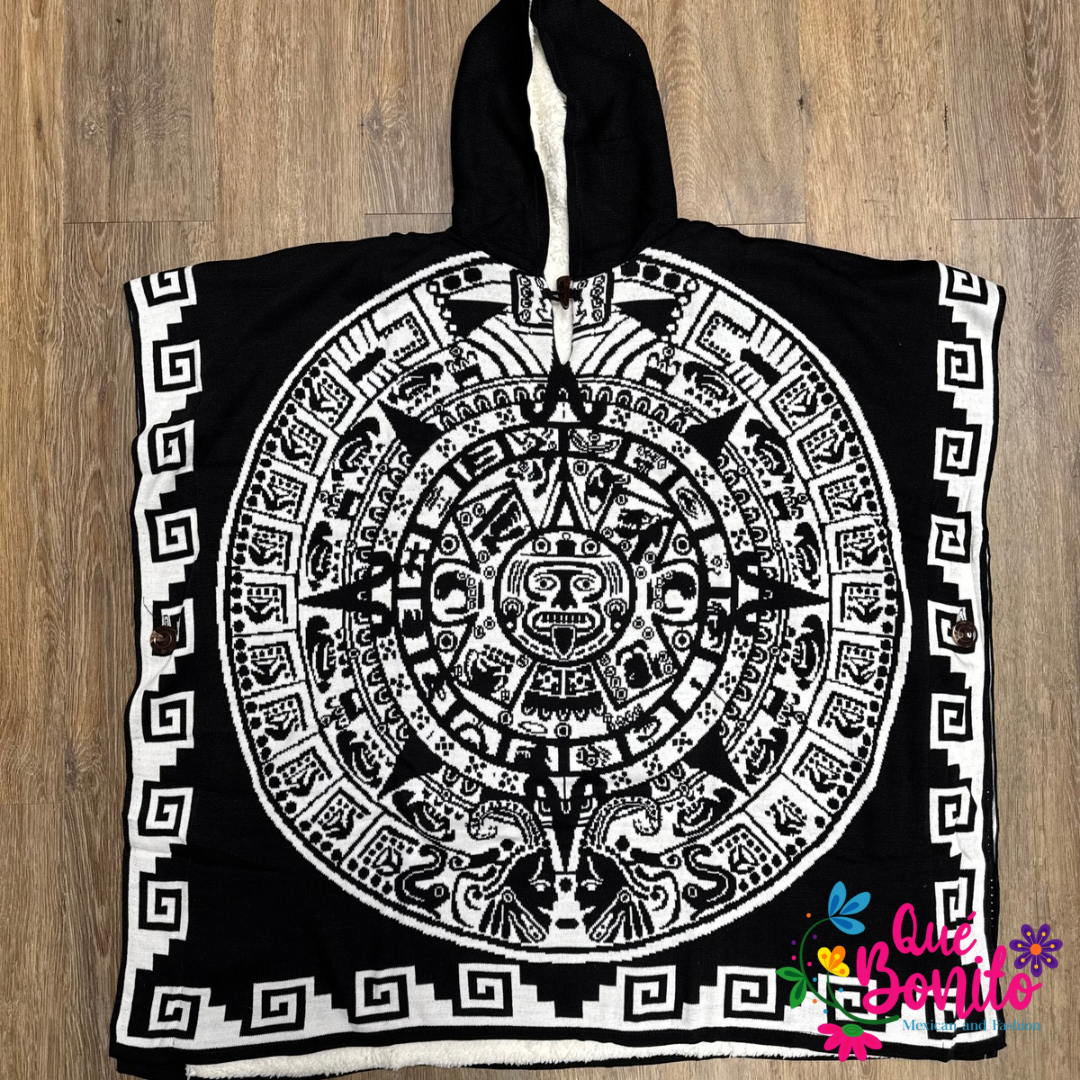Aztec calendar Poncho with Fleece Unisex Onesize