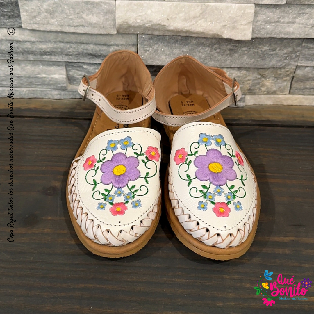 Floral White Embroidered Leather Huarache with Buckle
