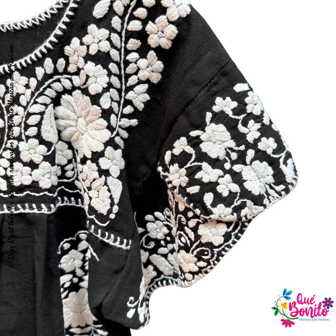 Puebla Black and White Hand Embroidered Blouse Que Bonito Mexican and Fashion