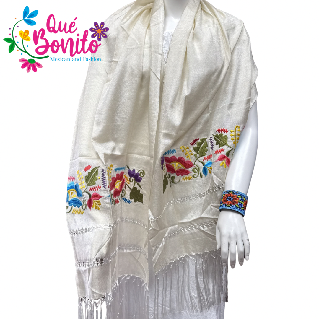 Traditional Silky Shawl Embroidered with Fringes on Both Sides.