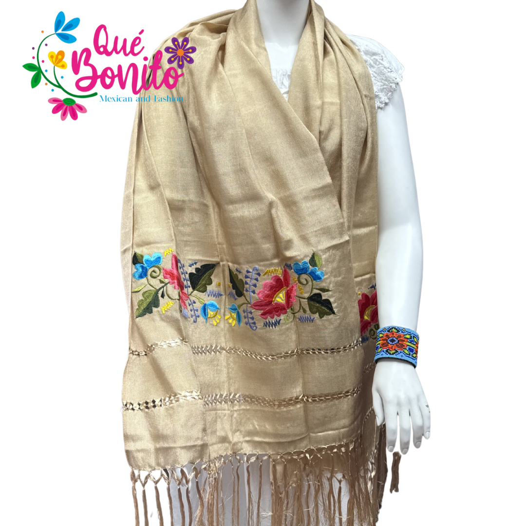 Traditional Silky Shawl Embroidered with Fringes on Both Sides.