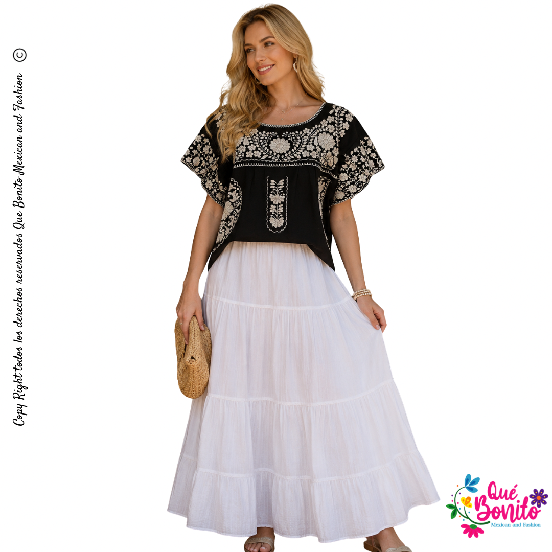 Puebla Black and White Hand Embroidered Blouse Que Bonito Mexican and Fashion