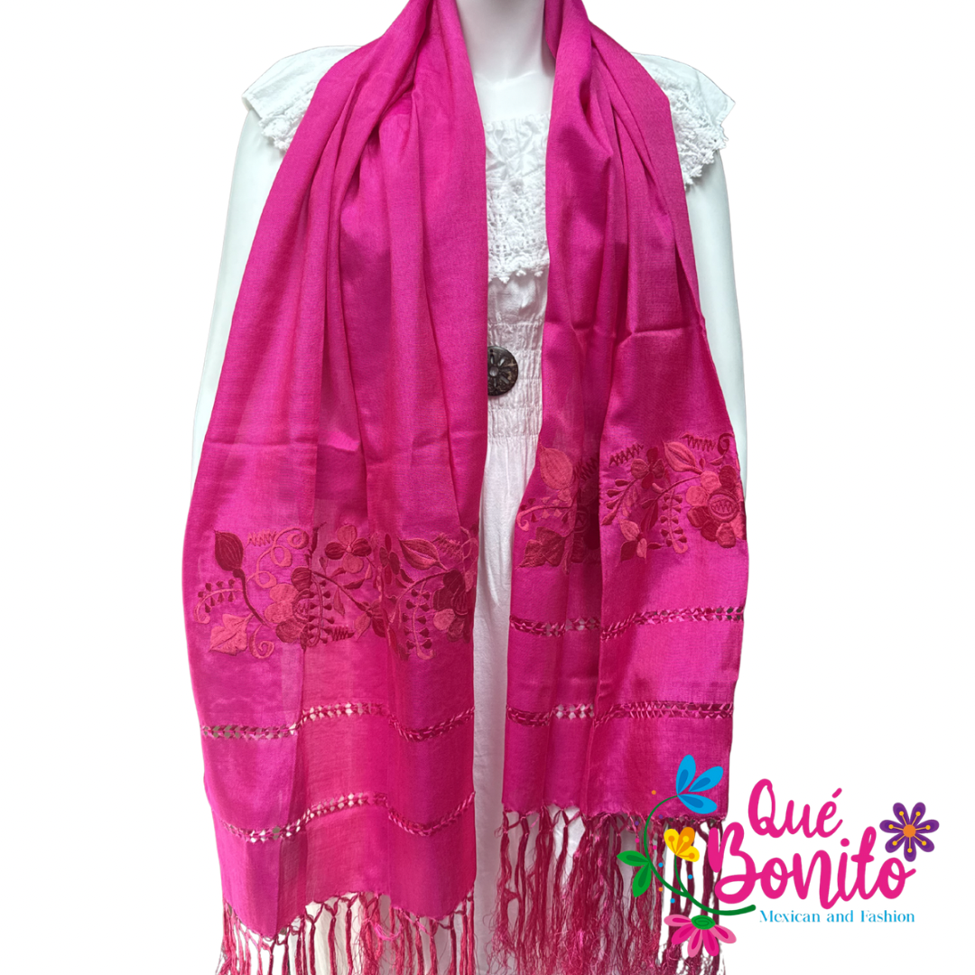 Traditional Silky Shawl Embroidered with Fringes on Both Sides.