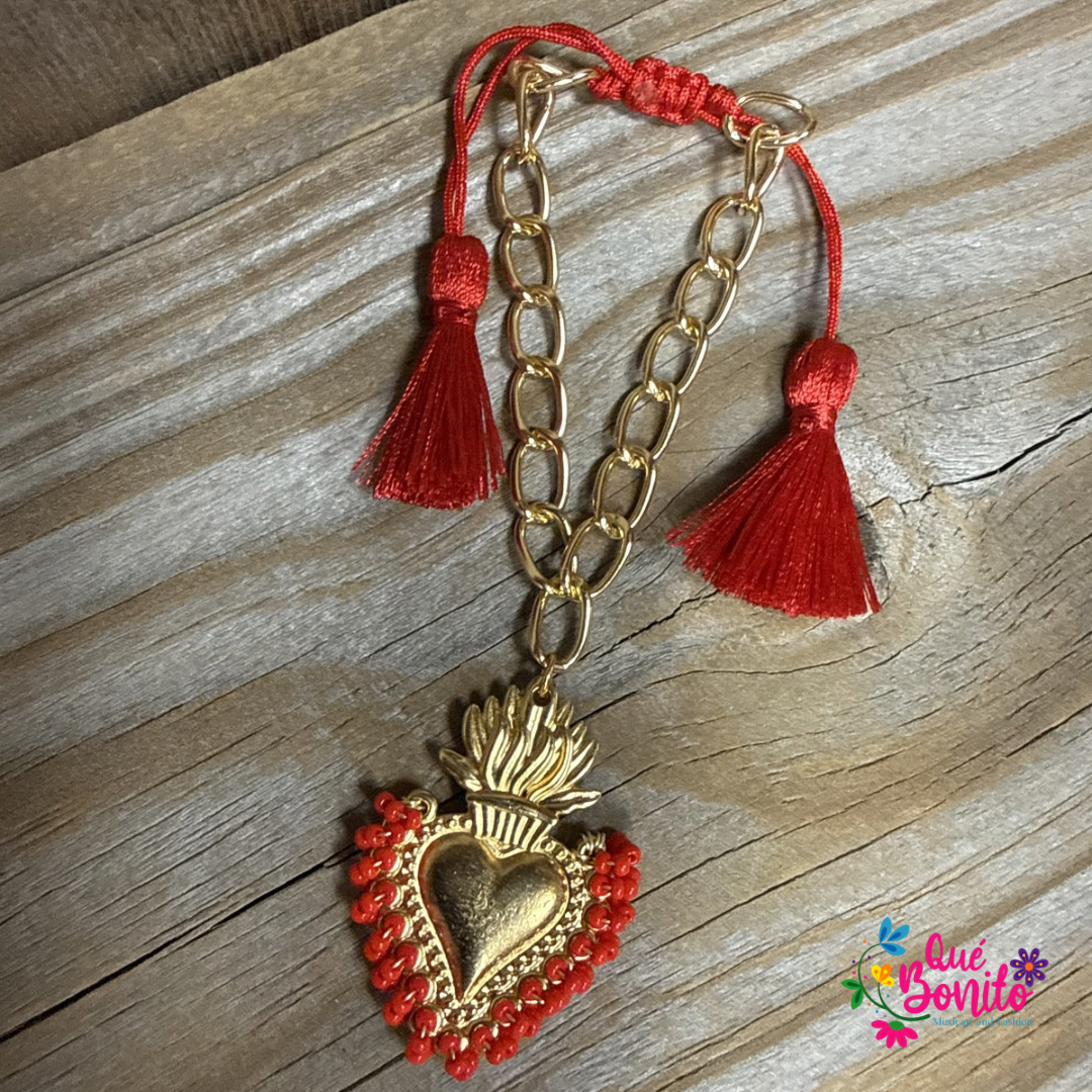Heart Bracelet with Beads and Stainless Steel Chain Hand Crafted Adjustable