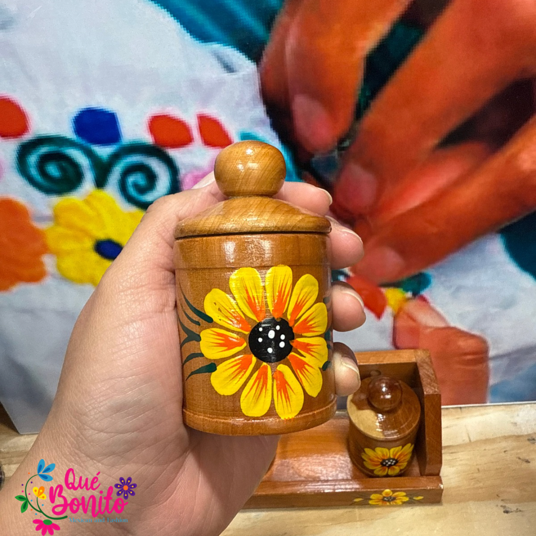 Four Wood Container for Spices with Lid Includes Wood Holder