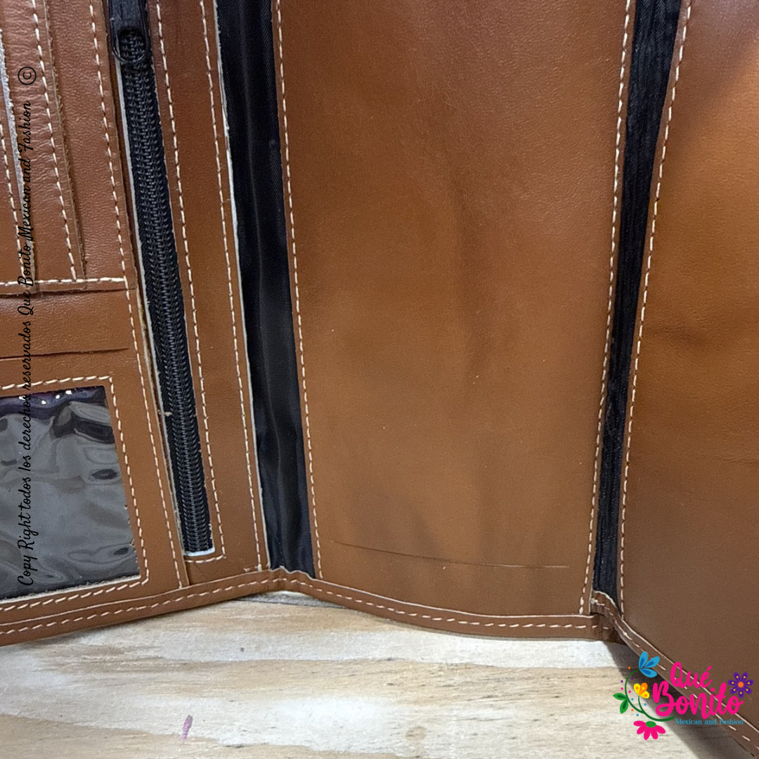 Leather Wallet Embroidered Que Bonito Mexican and Fashion