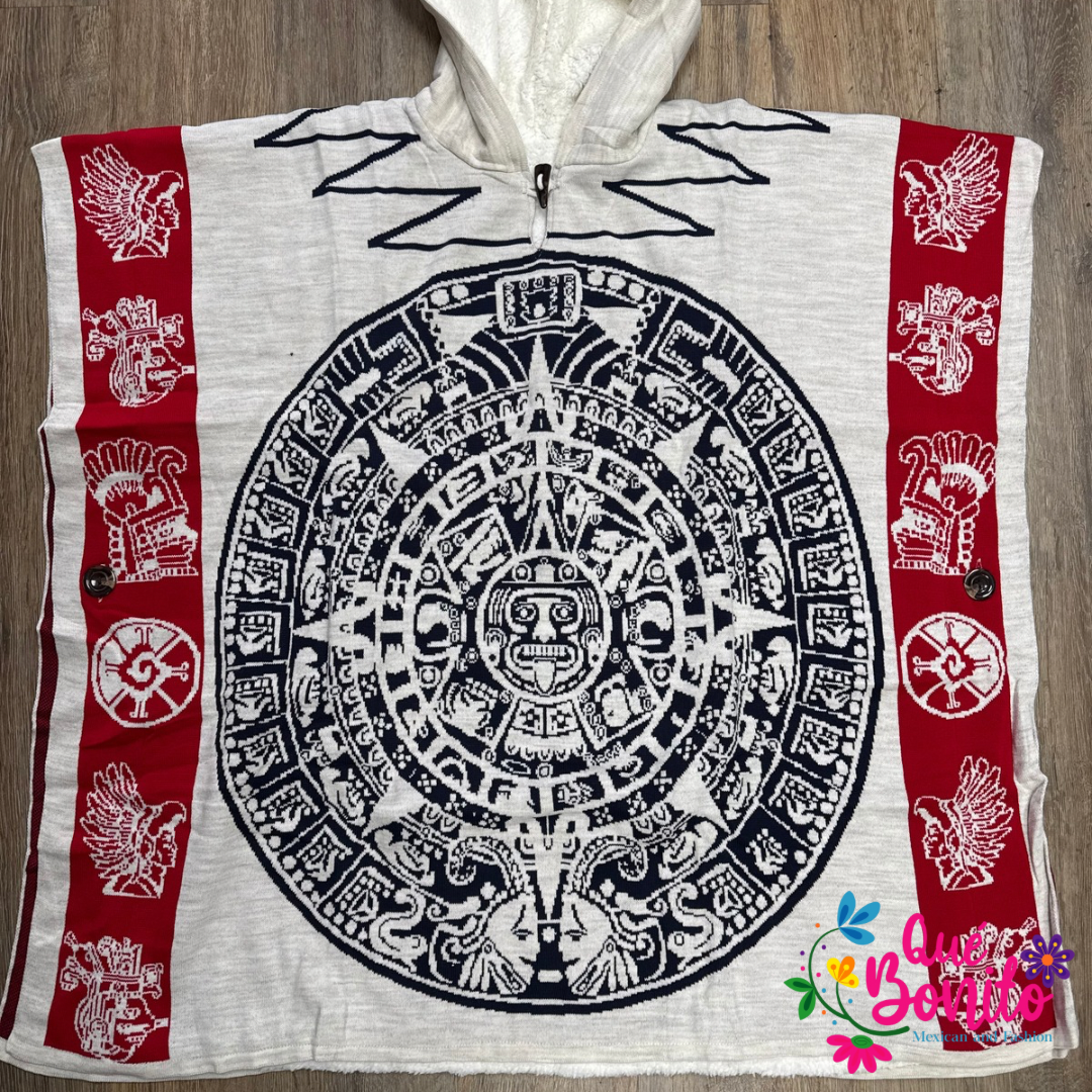 Aztec calendar Poncho with Fleece Unisex Onesize