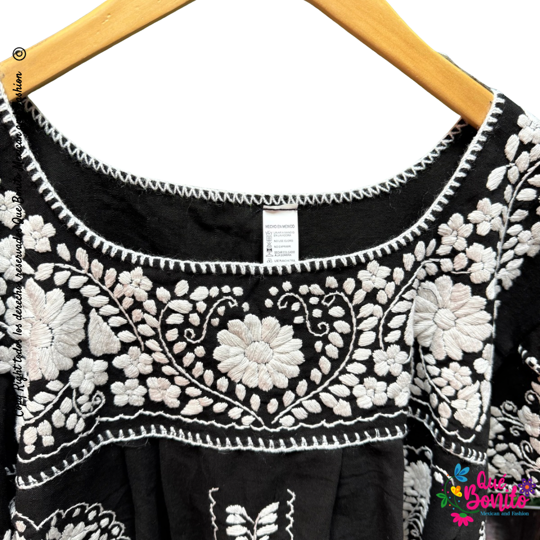 Puebla Black and White Hand Embroidered Blouse Que Bonito Mexican and Fashion