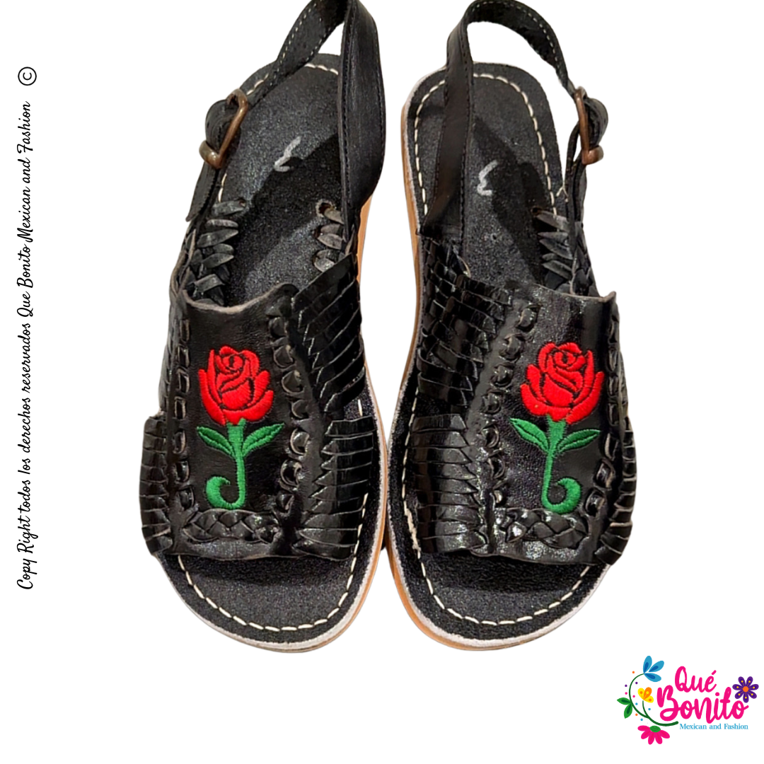 Huarache Embroidered Roses Black and Beige True to Size