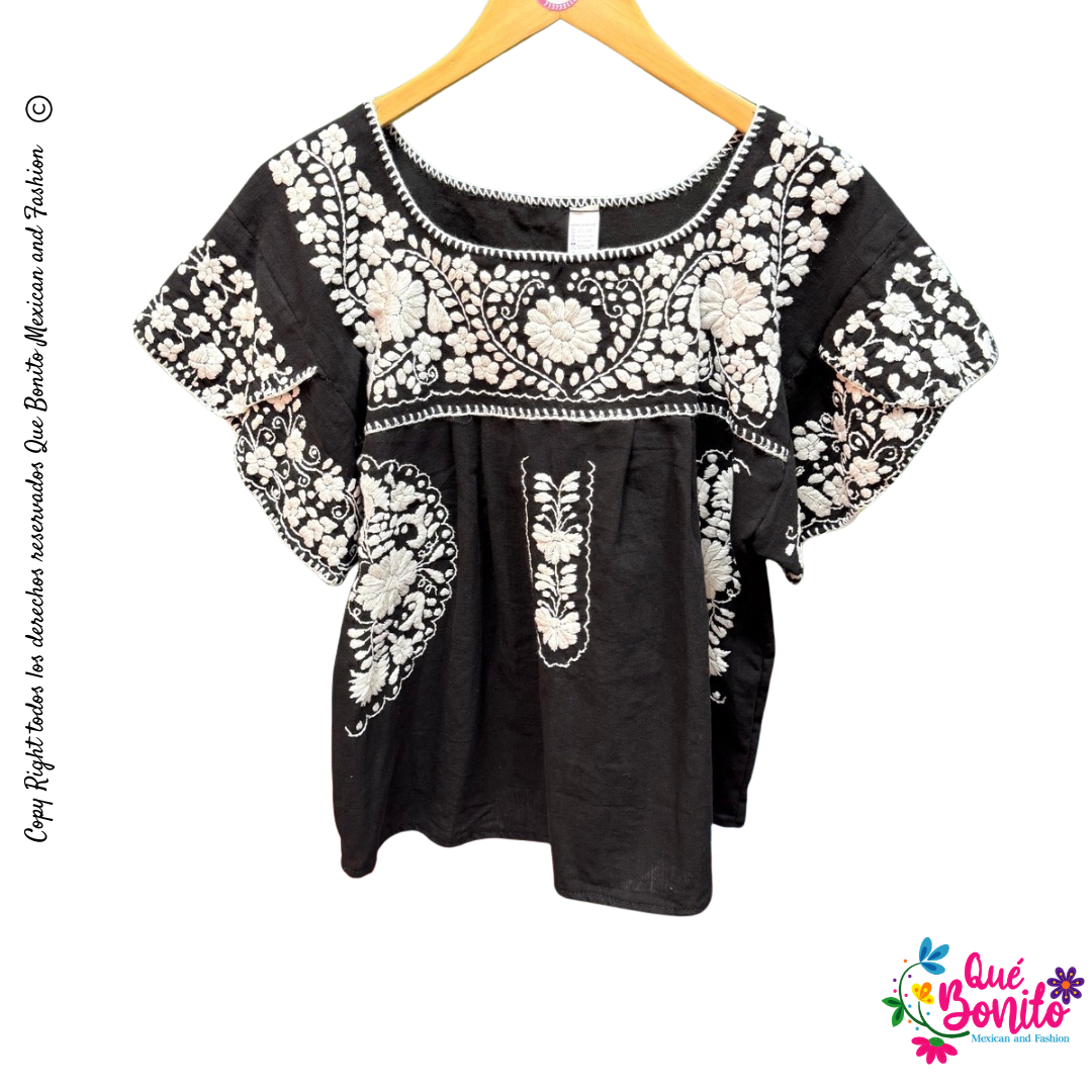 Puebla Black and White Hand Embroidered Blouse Que Bonito Mexican and Fashion