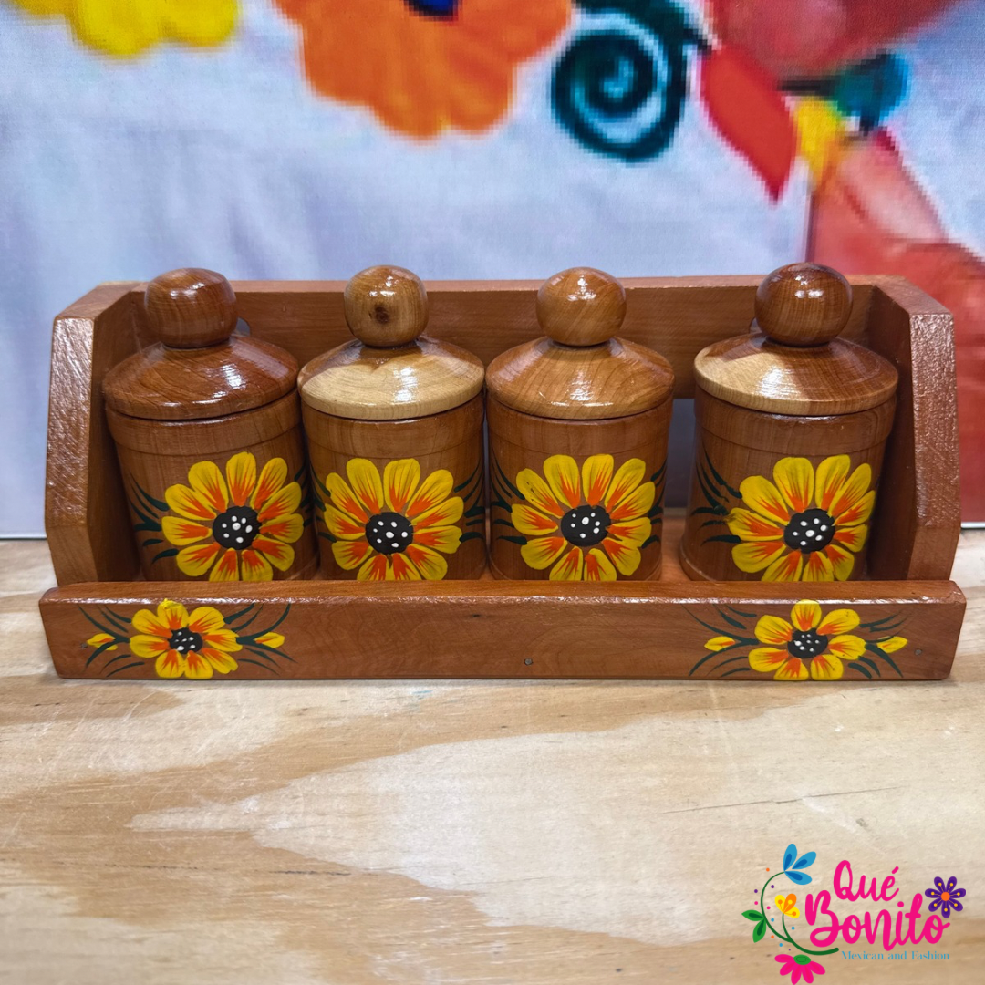 Four Wood Container for Spices with Lid Includes Wood Holder