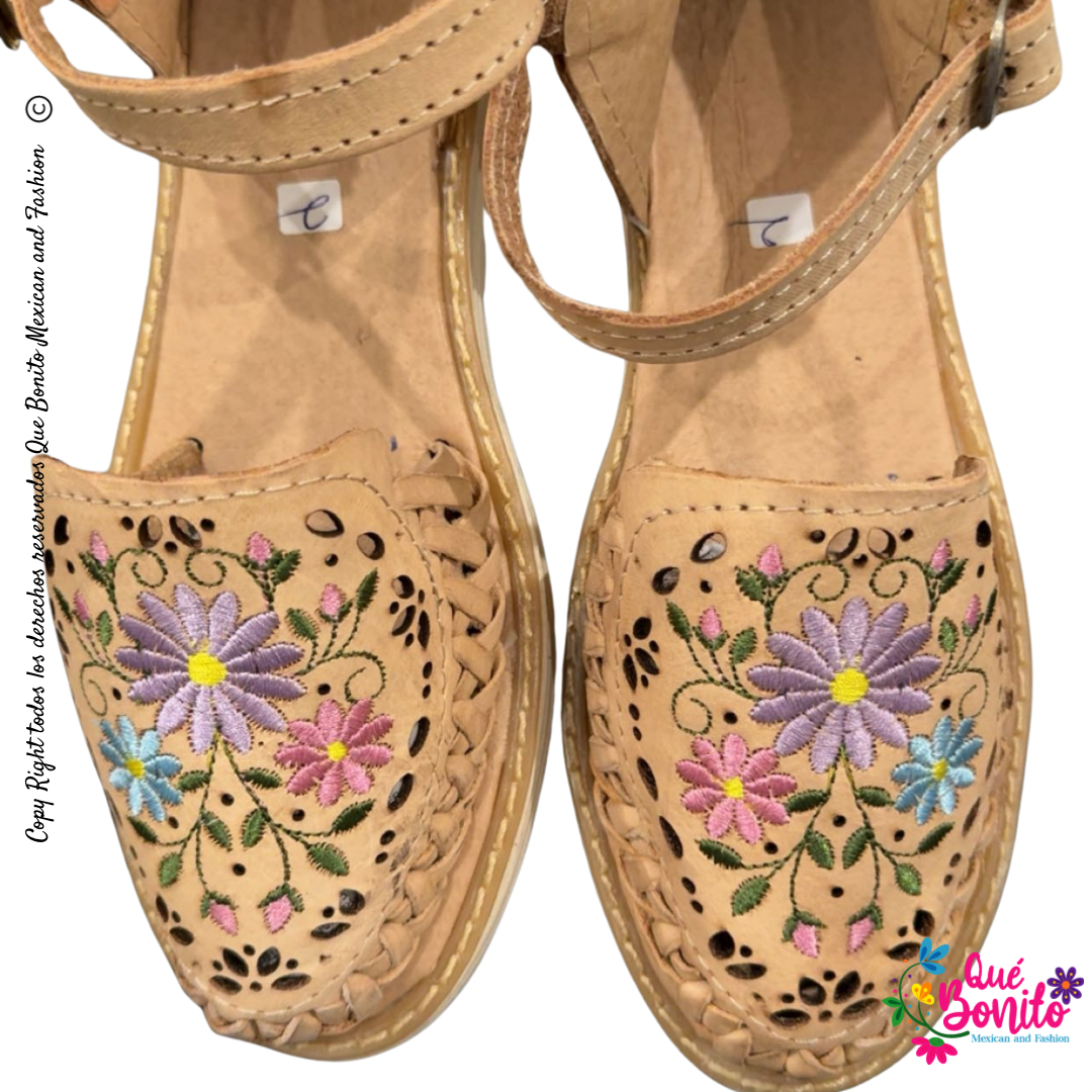 Leather Huarache Embroidered  Floral with Buckle
