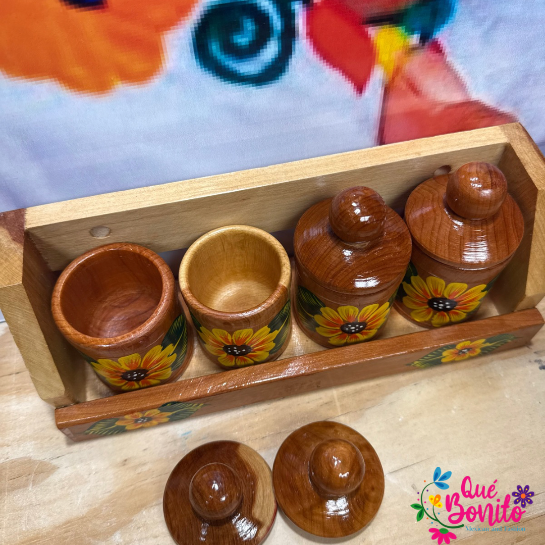 Four Wood Container for Spices with Lid Includes Wood Holder