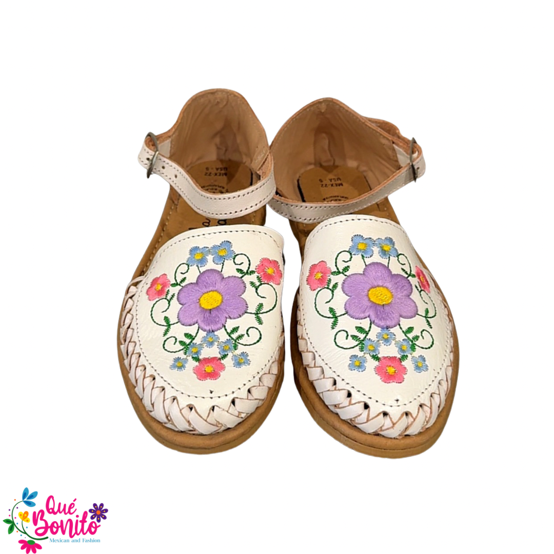 Floral White Embroidered Leather Huarache with Buckle