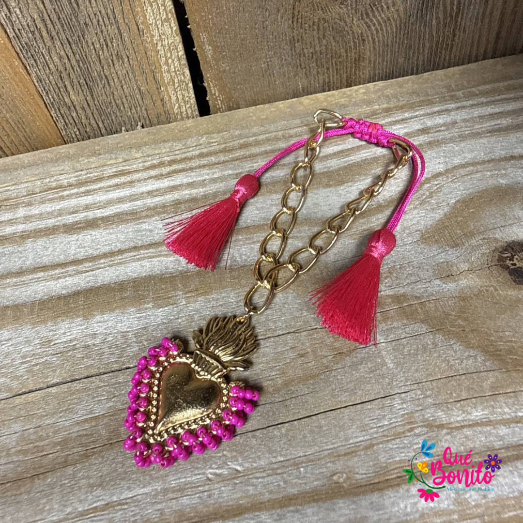 Heart Bracelet with Beads and Stainless Steel Chain Hand Crafted Adjustable