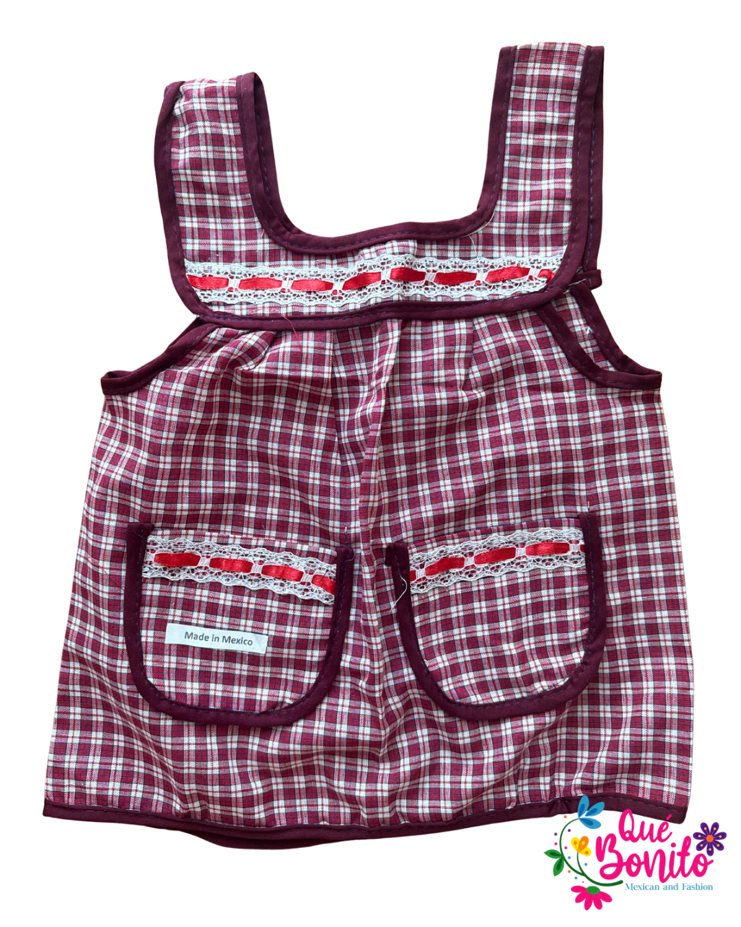 Size 4T Apron with Two Pockets, Ribbons and Lace Accents