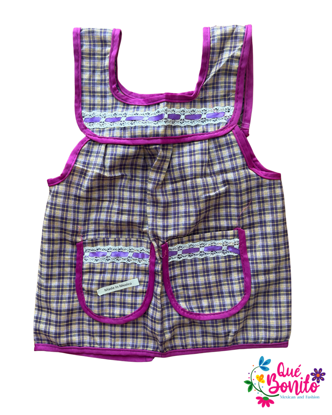 Size 4T Apron with Two Pockets, Ribbons and Lace Accents