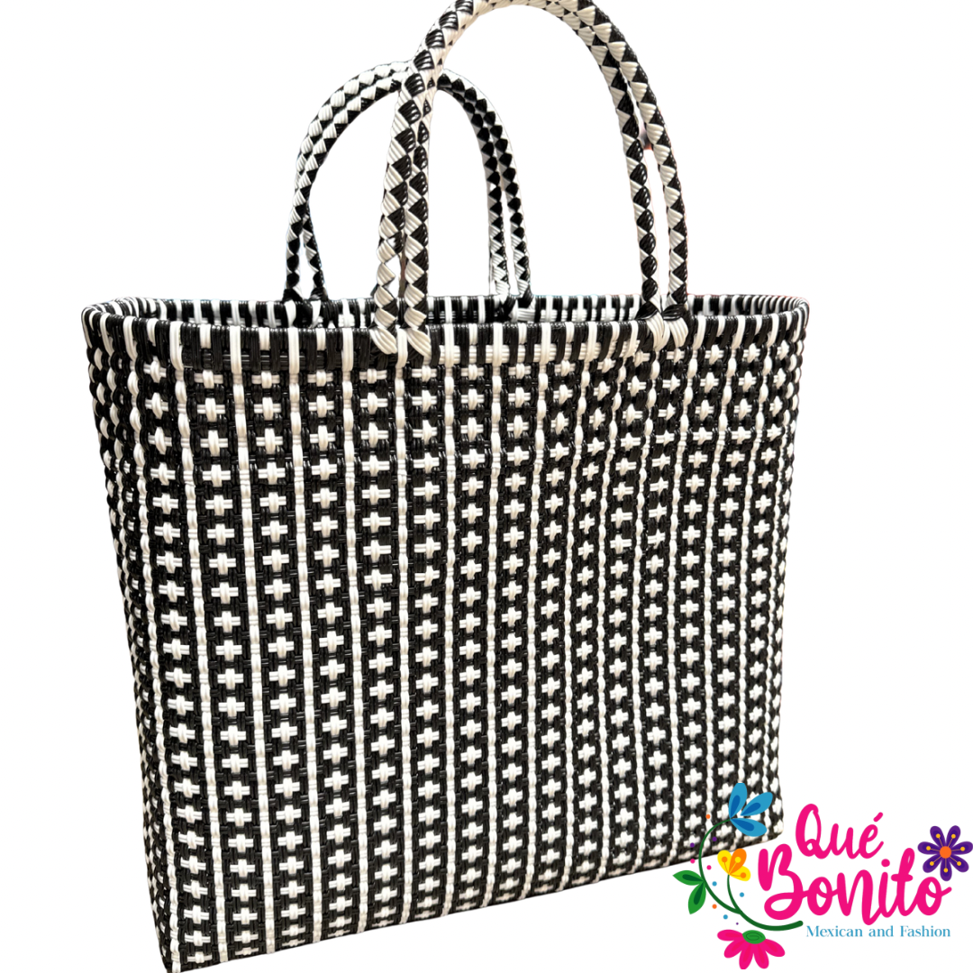 Plastic Woven Hand Bag with Double Handle Hand Crafted