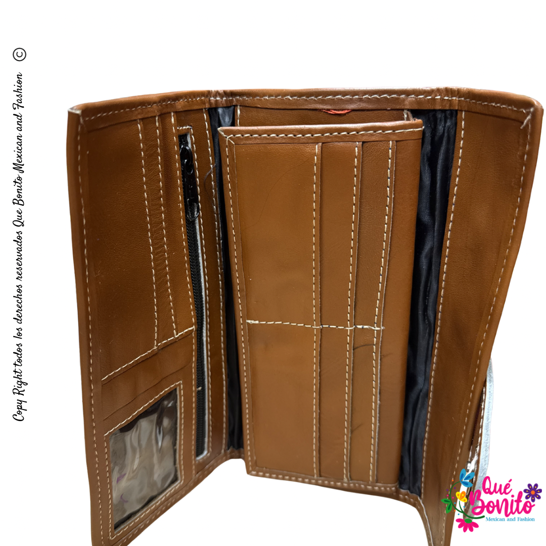Leather Wallet Embroidered Que Bonito Mexican and Fashion