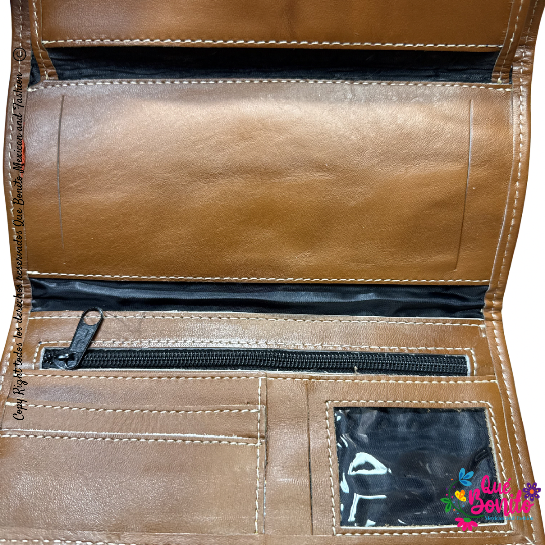 Leather Wallet Embroidered Que Bonito Mexican and Fashion