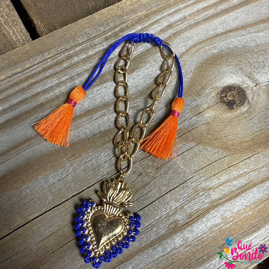 Heart Bracelet with Beads and Stainless Steel Chain Hand Crafted Adjustable