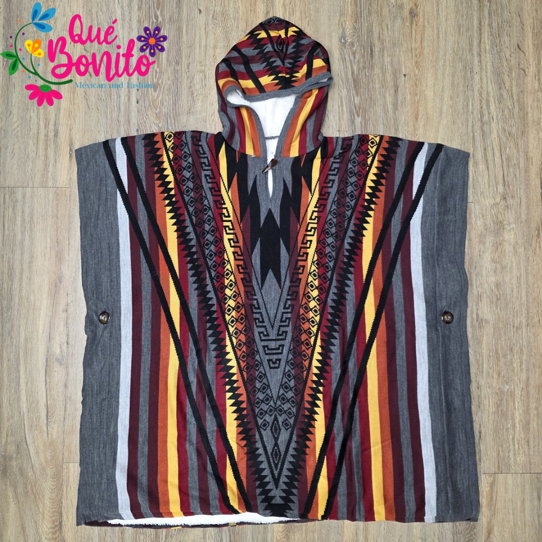 Poncho Tribal Decoration Fleeced Inside with Hoodie Unisex One-size
