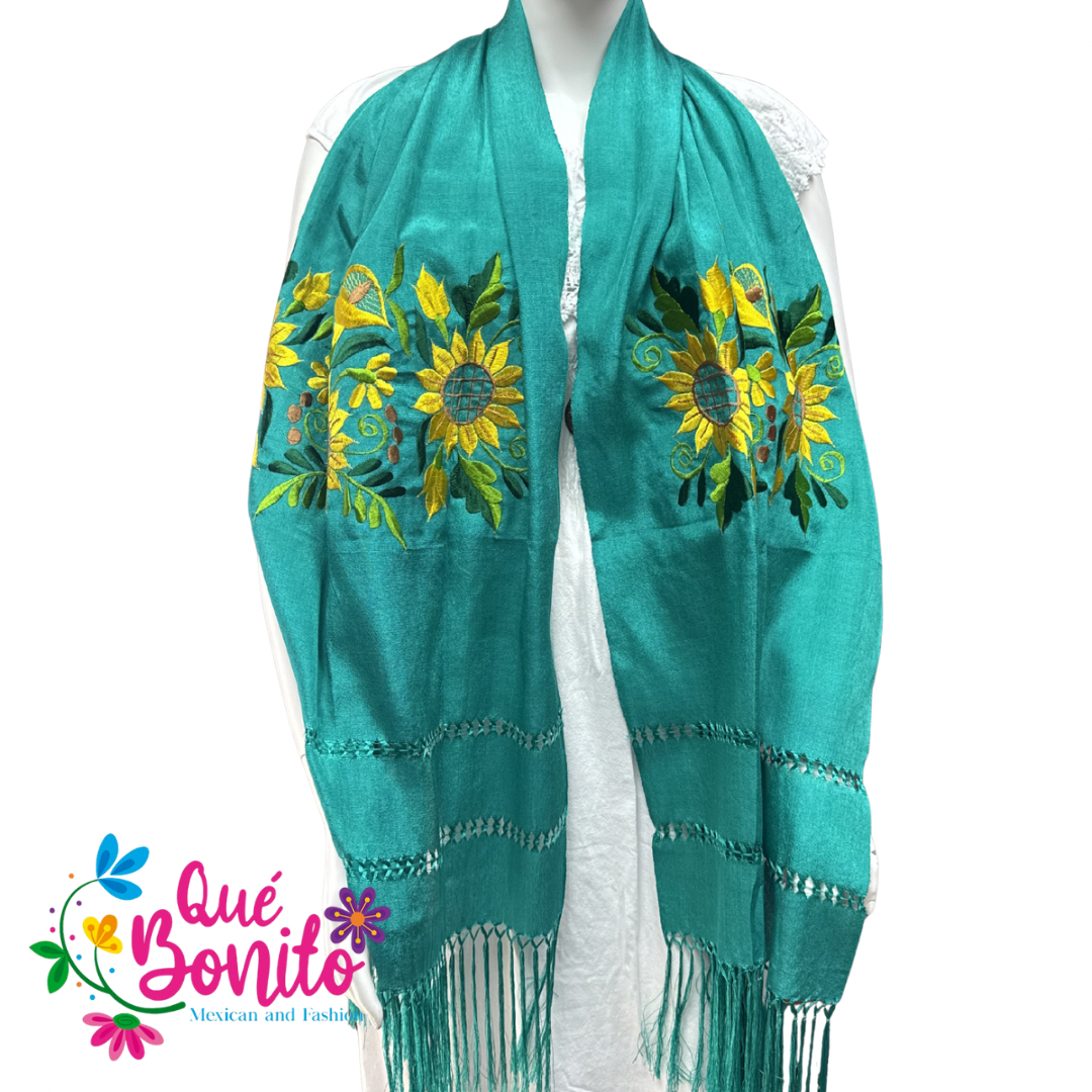 Traditional Silky Shawl Embroidered with Fringes on Both Sides.