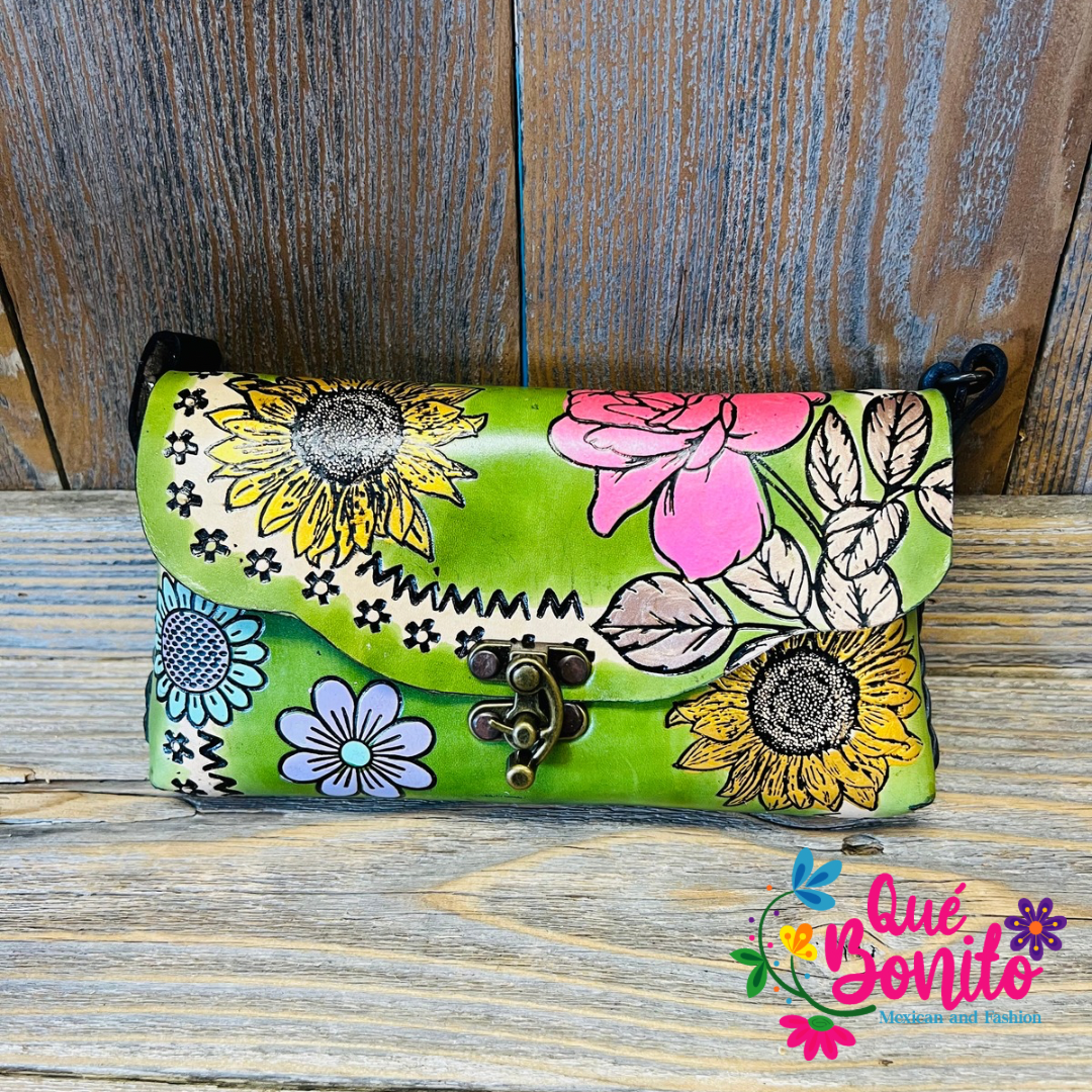 Leather Crossbody Hand Painted Que Bonito Mexican and Fashion