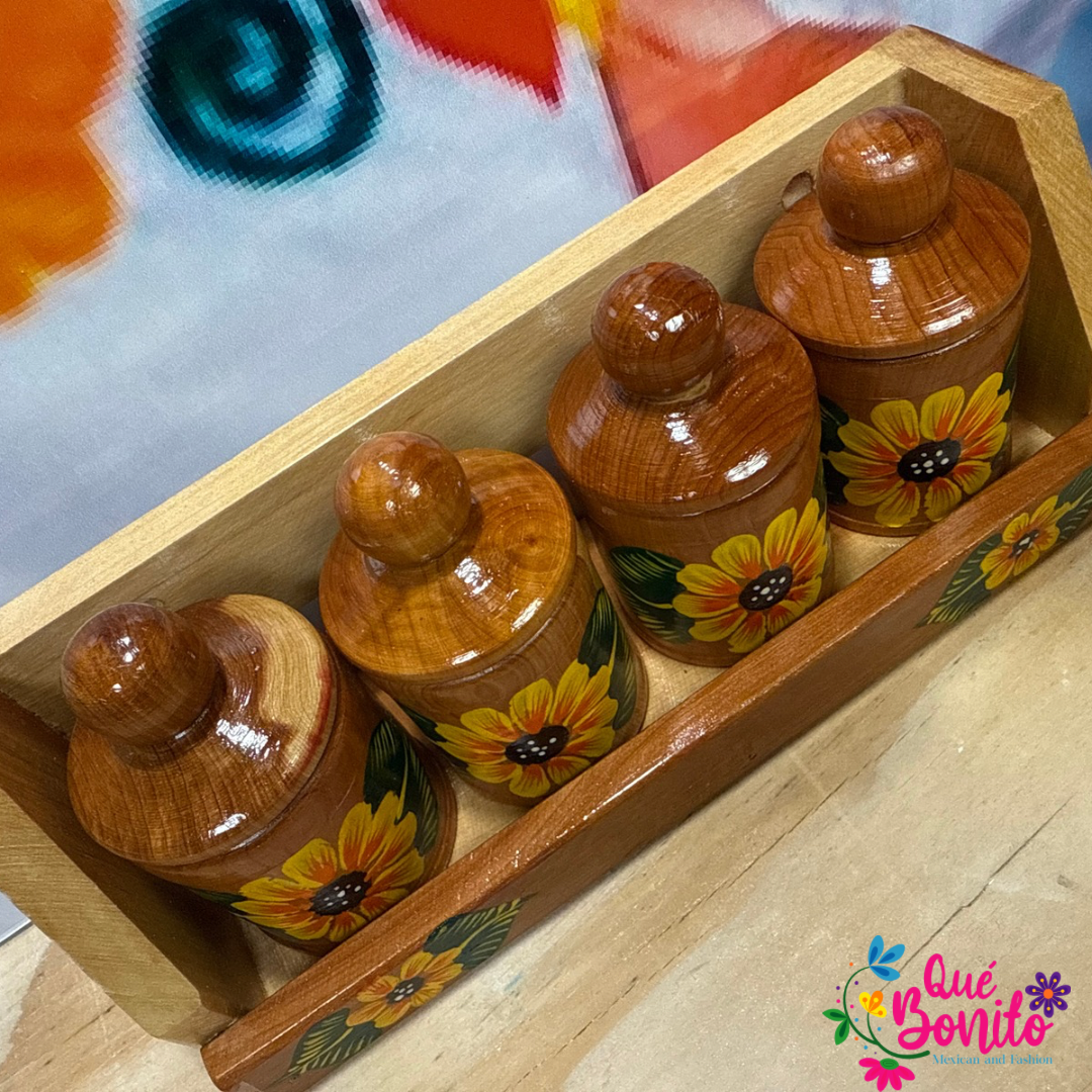 Four Wood Container for Spices with Lid Includes Wood Holder