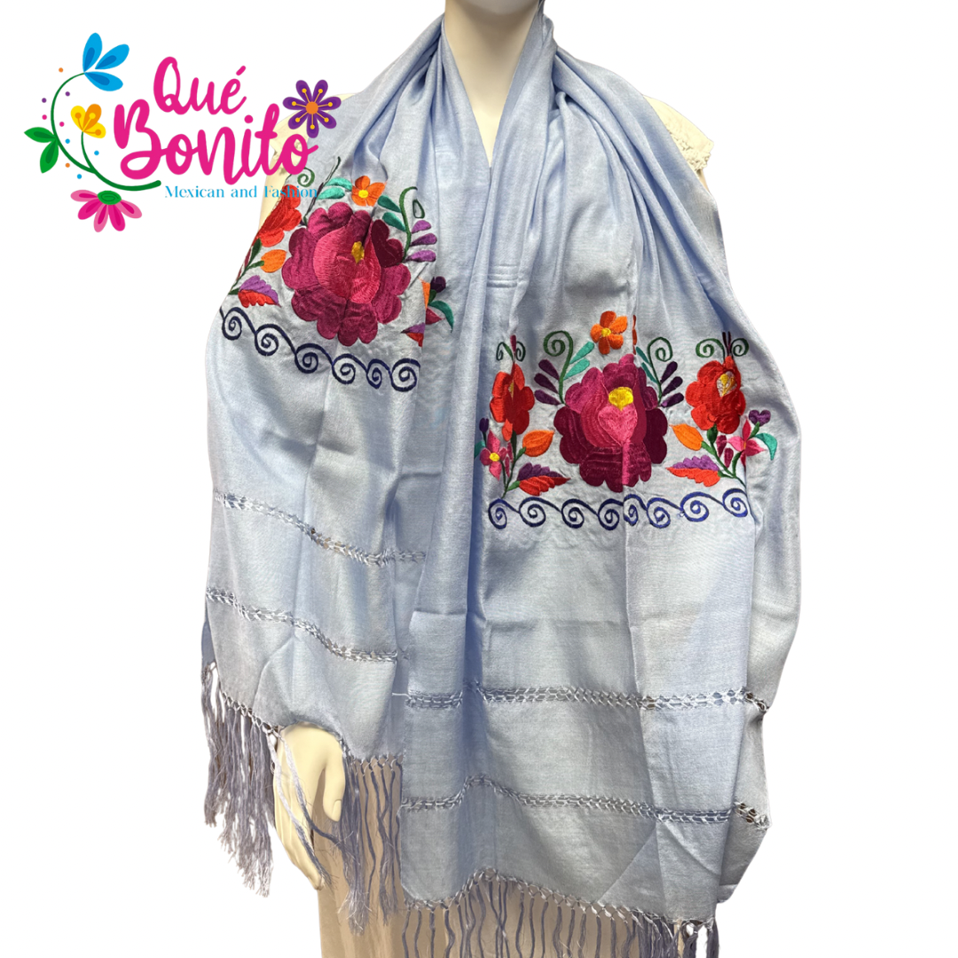 Traditional Silky Shawl Embroidered with Fringes on Both Sides.