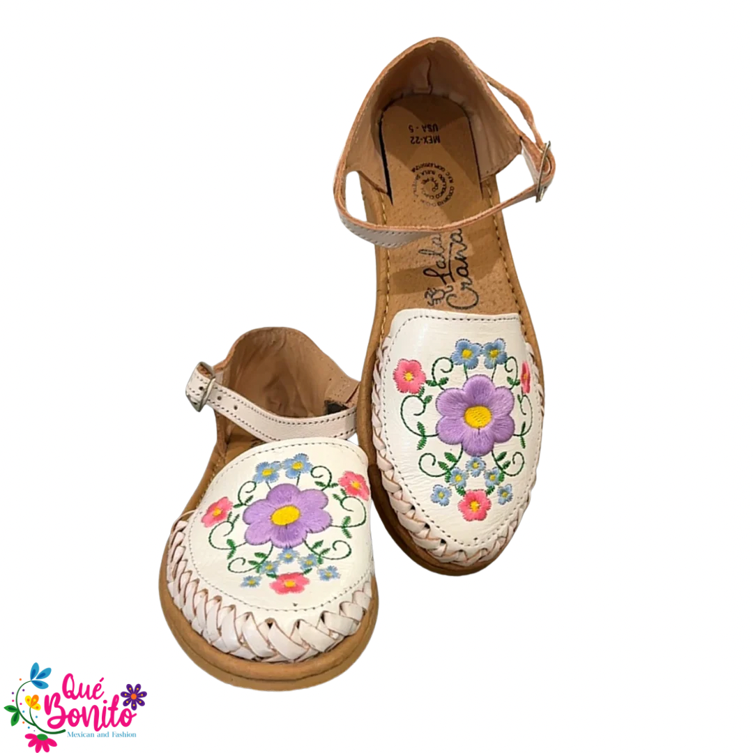 Floral White Embroidered Leather Huarache with Buckle