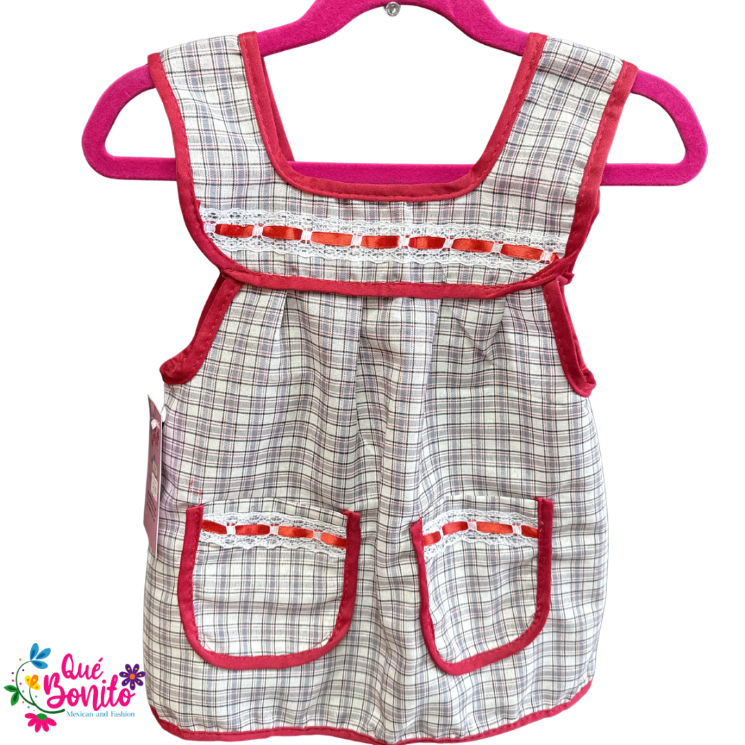 Size 4T Apron with Two Pockets, Ribbons and Lace Accents