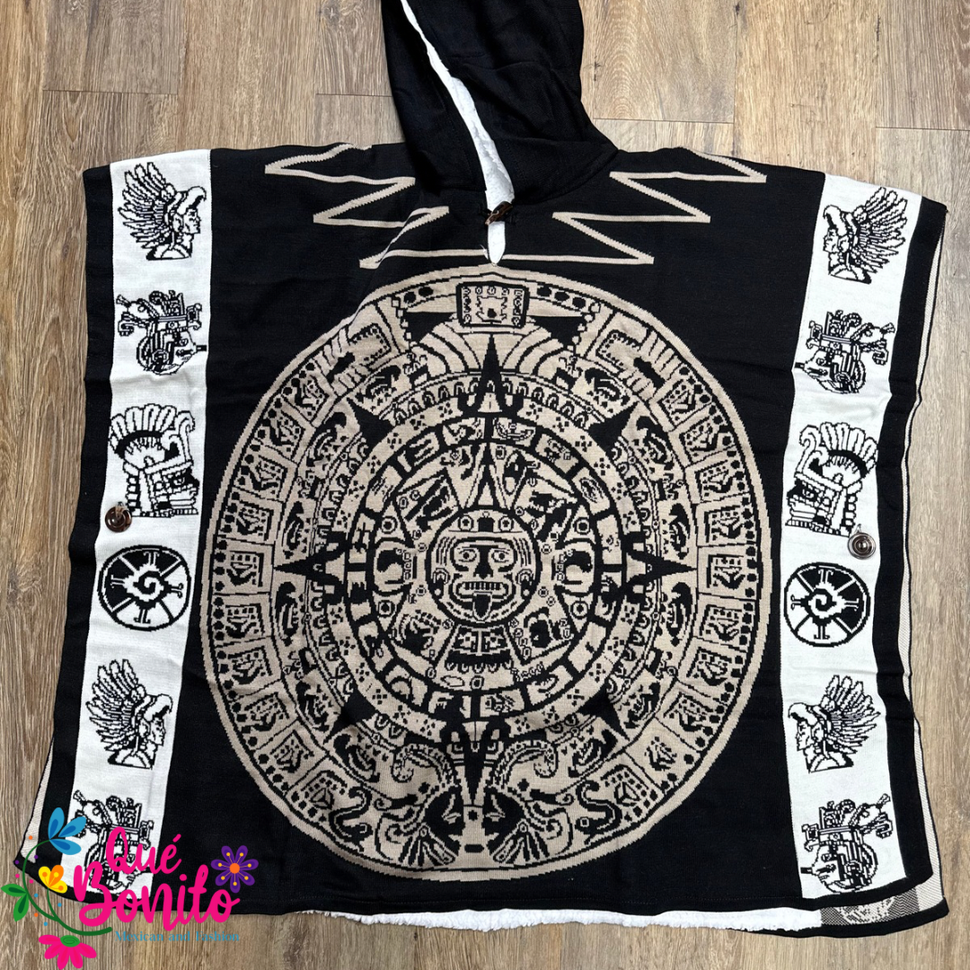 Aztec calendar Poncho with Fleece Unisex Onesize