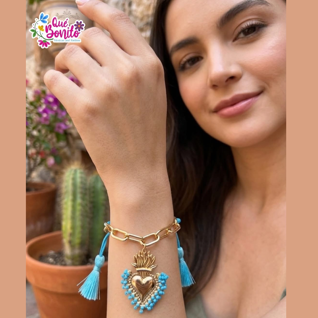 Heart Bracelet with Beads and Stainless Steel Chain Hand Crafted Adjustable