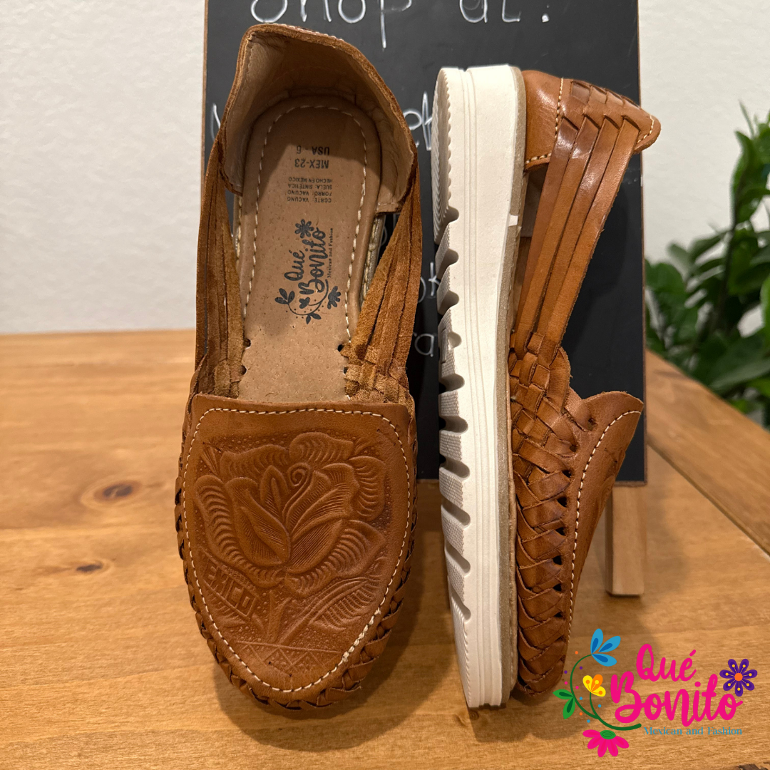 Engraved Light Brown Huaraches Que Bonito Mexican and Fashion