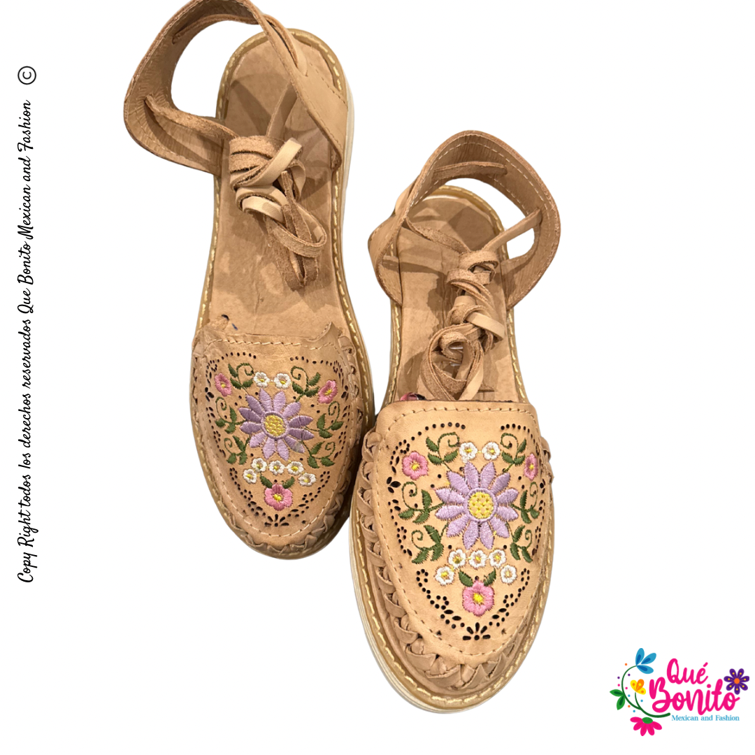 Leather Huarache Embroidered Floral Lace Up