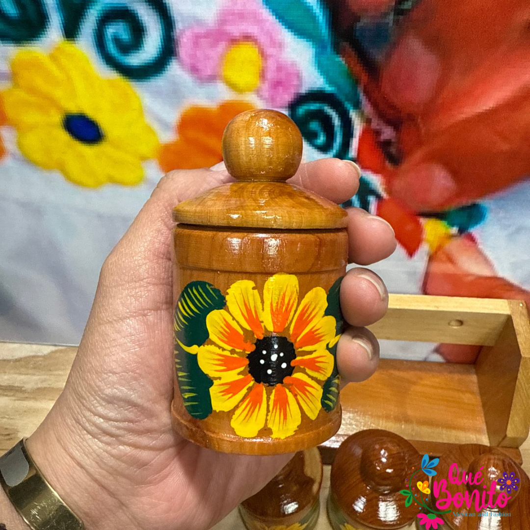 Four Wood Container for Spices with Lid Includes Wood Holder