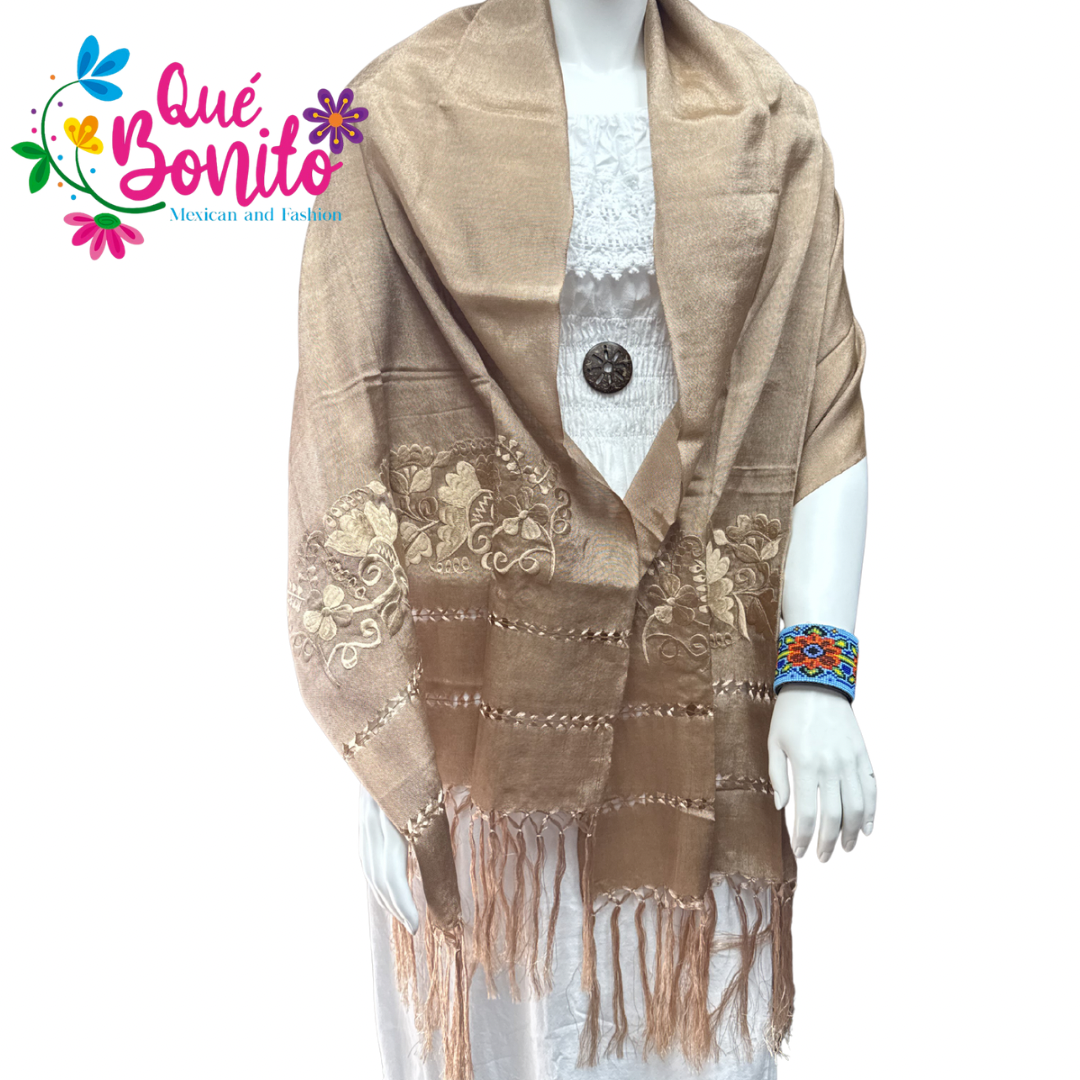 Traditional Silky Shawl Embroidered with Fringes on Both Sides.